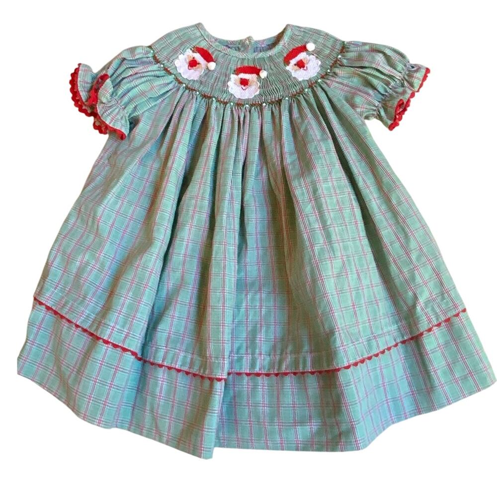 Anavini Girls Green Plaid Smocked‎ Santa Christmas Dress - Bishop